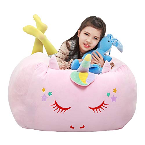 Unicorn Stuffed Animal Toy Storage Kids Bean Bag Chair Cover Large Size 24x24 Inch Velvet Extra Soft Stuffed Organization Replace Mesh Toy Hammock for Kids Blankets Towels Clothes Home Supplies Pink