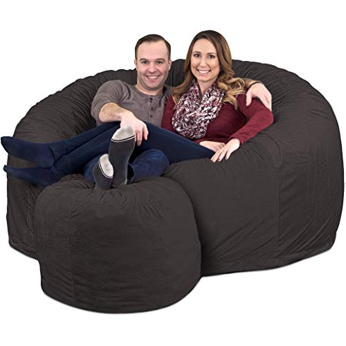 ULTIMATE SACK 6000 Bean Bag Chair w Footstool: Giant Foam-Filled Furniture - Machine Washable Covers, Double Stitched Seams, Durable Inner Liner, and 100% Virgin Foam Footstool Incl. (Grey, Suede)